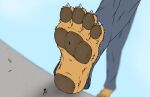  2023 4_toes anthro blurred_background bottomwear brown_body brown_fur brown_pawpads claws clothing colored digital_drawing_(artwork) digital_media_(artwork) feet foot_fetish foot_focus fur hi_res larger_anthro macro micro outside pants pawpads paws plantigrade running simple_background size_difference smaller_anthro smellslikejavier stick_figure stomping stuck_to_foot toe_claws toes unaware walking 