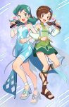  2girls :d bare_shoulders blush brown_footwear brown_hair commentary commission detached_sleeves dress eyelashes green_eyes green_hair happy heart high_heels holding holding_microphone knees kris_(pokemon) kris_(sygna_suit)_(pokemon) locked_arms long_hair lyra_(pokemon) lyra_(sygna_suit)_(pokemon) microphone mr.thunderigor multiple_girls musical_note official_alternate_costume open_mouth pokemon pokemon_(game) pokemon_masters_ex sandals smile sparkle tongue twintails 