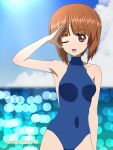  1girl artist_name blue_one-piece_swimsuit blue_sky blurry blurry_background bokeh brown_eyes brown_hair cloud cloudy_sky commentary covered_navel dated depth_of_field girls_und_panzer halterneck highres horizon looking_at_viewer naotosi nishizumi_miho ocean one-piece_swimsuit one_eye_closed open_mouth salute short_hair sky smile solo standing swimsuit 