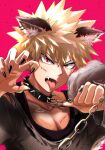  1boy abs absurdres animal_ears bakugou_katsuki black_nails black_tank_top blonde_hair boku_no_hero_academia chain collar esora-arts fangs fox_ears grey_shirt highres male_focus muscular muscular_male open_mouth pink_background red_eyes shirt short_hair solo spiked_collar spiked_hair spikes tank_top teeth tongue tongue_out torn_clothes torn_shirt 