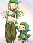  2girls aoi_(princess_connect!) beret blonde_hair breasts cleavage detached_sleeves elf feathers feet_out_of_frame green_eyes green_hair hair_over_one_eye hat highres holding_hands long_hair medium_breasts mother_and_daughter multiple_girls navel pointy_ears princess_connect! short_hair smile yako_noir_(kei-ne) 