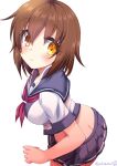  1girl ass blue_sailor_collar blue_skirt breasts brown_hair butt_crack commentary_request furutaka_(kancolle) heterochromia kantai_collection looking_at_viewer medium_breasts midriff neckerchief orange_eyes pleated_skirt red_neckerchief sailor_collar school_uniform serafuku short_hair simple_background skirt smile solo tamagawa_yukimaru white_background 