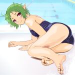  1girl ahoge alternate_costume ass barefoot blue_one-piece_swimsuit closed_mouth elf green_hair looking_at_viewer lying mizumori_keiichi mushoku_tensei on_side one-piece_swimsuit pointy_ears pool poolside red_eyes school_swimsuit short_hair smile solo swimsuit sylphiette_(mushoku_tensei) 