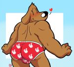  &lt;3 anthro black_nose blue_background blush briefs briefs_only brown_body brown_fur bulge butt clothed clothing colored_seam_underwear detailed_background embarrassed food fur hi_res male max_(sam_and_max) muscular muscular_male pretzel_(food) pretzelgremlin print_briefs print_clothing print_underwear red_briefs red_clothing red_underwear sam_and_max samuel_dog signature simple_background smile solo topless underwear underwear_only white_background white_seam_briefs white_seam_underwear 