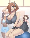  3girls absurdres animal_ears ascari_megane_(aurahack) ball bike_shorts black_choker black_shorts blue_eyes blue_hairband blue_shorts blue_sports_bra blurry borrowed_character breasts brown_hair cat_ears catherine_(aurahack) character_request choker cleavage commentary curvy dark-skinned_female dark_skin depth_of_field english_commentary exercise_ball geistbox glasses grey_sports_bra hair_over_one_eye hairband hand_on_own_knee highres hot huge_breasts legs_together linea_alba lips looking_at_viewer midriff multiple_girls opaque_glasses original short_hair shorts sitting solo_focus sports_bra steaming_body sweat toned 
