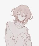  1boy closed_mouth frown grey_eyes koirariko long_sleeves looking_at_viewer original pink_hair sidelocks simple_background solo sweater turtleneck turtleneck_sweater upper_body white_background white_sweater 