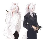  1boy absurdres alternate_costume animal_ears bishounen black_gloves coat fox_boy fox_ears fox_tail gloves hair_over_one_eye highres honkai:_star_rail honkai_(series) its8b jing_yuan long_hair male_focus ponytail simple_background solo sweater tail white_background white_hair 