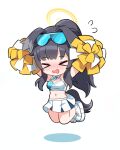  &gt;_&lt; 1girl animal_ears arms_up bare_shoulders black_hair blue_archive blush breasts cheerleader chibi cleavage closed_eyes clothes_writing crop_top dog_ears dog_girl dog_tail eyewear_on_head flying_sweatdrops full_body gomrang hibiki_(blue_archive) hibiki_(cheerleader)_(blue_archive) highres holding holding_pom_poms jumping korean_commentary long_hair medium_breasts midair midriff miniskirt navel open_mouth pleated_skirt pom_pom_(cheerleading) ponytail shirt shoes simple_background skirt sleeveless sneakers solo sunglasses tail white_background white_footwear white_skirt yellow_halo 
