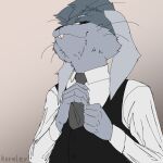 absurd_res ambiguous_gender anthro clothed clothing digital_media_(artwork) domestic_rabbit floppy_ears fur hair hi_res lagomorph leporid looking_at_viewer looking_down lop_ears lop_rabbit male mammal necktie oryctolagus ourobunny rabbit shirt simple_background smile smirk solo suit teeth topwear 