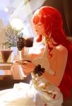  1girl artist_name bare_shoulders black_gloves blue_sky breasts building chair city closed_eyes closed_mouth coffee coffee_maker_(object) cup curtains dress eyelashes eyeshadow fingernails gloves gold_trim golden_rose hair_between_eyes highres himeko_(honkai:_star_rail) holding holding_cup holding_plate honkai:_star_rail honkai_(series) indoors jar large_breasts leaf lips lipstick long_hair makeup memechkin mole mole_on_breast nail_polish plant plate red_eyeshadow red_hair red_nails shadow single_glove sitting sky skyscraper sleeveless sleeveless_dress smile solo sparkle steam table white_dress window wrist_cuffs 