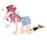  1girl adjusting_eyewear all_fours angel_wings ankle_socks baseball_cap black-framed_eyewear black_socks blue_overalls character_name dr._slump fingernails full_body glasses h_kawa hair_over_shoulder hand_on_eyewear hat long_hair looking_to_the_side loose_hair_strand norimaki_arale open_mouth overalls pocket purple_eyes purple_hair red_footwear red_headwear red_shirt shirt shoes short_sleeves smile sneakers socks solo star_(symbol) t-shirt white_background white_wings winged_hat wings 