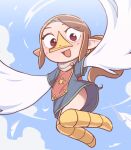  1girl animal_feet beak blue_dress blush brown_hair cloud commentary_request day dress feathers flying highres long_hair looking_at_viewer medli monster_girl open_mouth orenji_(wholesomeorenji) outdoors pointy_ears ponytail red_eyes rito sky smile solo the_legend_of_zelda the_legend_of_zelda:_the_wind_waker white_wings wind wings 