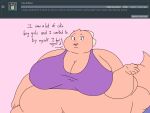  2018 4:3 5_fingers anthro ask_blog batspid2 belly big_belly big_breasts breasts clothing crop_top dialogue digital_drawing_(artwork) digital_media_(artwork) english_text exclamation eyebrows eyelashes female fingers flat_colors frill_(anatomy) head_crest head_frill juna_(batspid2) lizard membrane_(anatomy) membranous_frill morbidly_obese morbidly_obese_anthro morbidly_obese_female obese obese_anthro obese_female overweight overweight_anthro overweight_female pink_background pink_body pink_skin purple_eyes reptile scalie shirt simple_background smile solo tail text topwear 