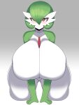  absurd_res all_fours big_breasts blush breasts curvy_figure duskyer eyelashes featureless_breasts female full-length_portrait gardevoir generation_3_pokemon gluteal_fold gradient_background green_hair grey_background hair hi_res huge_breasts humanoid kneeling looking_at_viewer nintendo not_furry nude outline pokemon pokemon_(species) portrait red_eyes simple_background smile solo thick_thighs voluptuous white_body white_outline wide_hips 