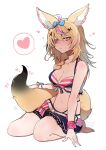  1girl absurdres animal_ear_fluff animal_ears barefoot belt bikini blonde_hair blue_bow blue_nails blush bow braid breasts cleavage collarbone fox_ears fox_tail hair_bow high-waist_bikini highres holding_own_tail hololive hololive_summer_2023_swimsuit long_hair looking_to_the_side medium_breasts multicolored_hair multicolored_nails navel omaru_polka pink_bikini pink_eyes pink_hair pink_nails pink_skirt side_braid sitting skirt solo streaked_hair striped striped_bikini sui_hi_sf swimsuit tail toes virtual_youtuber white_belt white_hair 