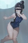  absurdres air_bubble black_hair blue_one-piece_swimsuit breasts bubble competition_swimsuit diving_mask diving_mask_on_head goggles goggles_on_head green_eyes hamaguchi_ayame highres holding_breath idashige_(walkietalkie) idolmaster idolmaster_cinderella_girls medium_breasts one-piece_swimsuit outstretched_arm sidelocks swimsuit underwater 