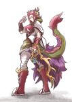  1girl absurdres animal_ears bandaged_leg bandages boots breasts comic_hand dragon_girl dragon_horns dragon_tail duel_monster fingerless_gloves full_body gloves hand_up highres horns large_breasts red_hair short_hair solo tail yellow_eyes yu-gi-oh! zoodiac_drident 
