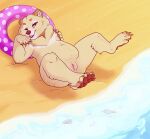  2020 anthro beach bear belly big_belly brown_claws brown_lips brown_nose brown_pawpads claws clitoris detailed_background female flat_chested front_view fur genitals grin hi_res high-angle_view holding_torso inflatable inner_tube legs_up lezified lips looking_at_viewer looking_up lying mammal navel neck_tuft nilla_(urbansaint) nude on_back on_ground one_eye_closed outside overweight overweight_female pawpads pink_eyes plantigrade polka_dots presenting presenting_pussy pussy sand seashell seaside shell smile solo spread_legs spreading tan_body tan_fur thick_thighs tuft water wink winking_at_viewer 