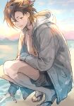  1boy beach black_shorts brown_eyes brown_hair collarbone fate/grand_order fate_(series) hair_between_eyes hood hooded_jacket jacket male_focus mandricardo_(fate) multicolored_hair open_clothes open_jacket parted_lips sandals shore short_hair shorts solo squatting streaked_hair toenails tumikilondon5 white_jacket 