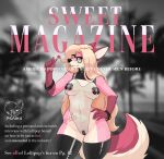  absurd_res anthro blonde_hair breasts candy canid canine clothed clothing collar cover dessert digital_media_(artwork) english_text eyewear fangs female fluffy fluffy_tail food fox front_view fur genitals glasses hair hand_on_hip hi_res latex latex_clothing latex_stockings legwear lollipop lollipop_(theskokster) long_hair looking_away magazine_cover mammal nipple_tape nipples pasties pink_body pink_fur psaik4 purple_eyes red_fox rubber rubber_clothing simple_background solo standing tail tape teeth text white_body white_fur 
