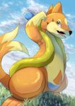  ambiguous_gender biped black_nose brown_eyes cloud detailed_background feet feral fingers floatzel generation_4_pokemon grass hi_res nintendo open_mouth orange_body orange_skin plant pokemon pokemon_(species) solo standing tanpakuroom teeth toes tongue 