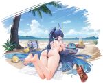  1girl alternate_costume arched_back artist_request ass azur_lane baltimore_(azur_lane) bare_shoulders barefoot beach bikini bird blue_bikini blue_hair bottle breasts cheshire_(azur_lane) cheshire_(summery_date!)_(azur_lane) chick choker crab crazy_straw cup day drinking_straw feet feet_up food from_behind fruit heart_straw high_ponytail highres horizon large_breasts legs long_hair looking_back lying manjuu_(azur_lane) motion_blur new_jersey_(azur_lane) new_jersey_(midsummer_leisure)_(azur_lane) non-web_source ocean official_art on_stomach outdoors palm_tree picture_book pop-up_book shoulder_blades soles strawberry string_bikini swimsuit tablet_pc thighs toes tote_bag tree underboob very_long_hair water wet yostar zzz 