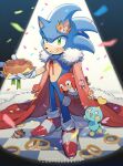  1boy 1other amy_rose blue_fur cape chao_(sonic) chili_dog confetti crown dr._eggman food fur-trimmed_cape fur_trim furry furry_male gloves green_eyes grin happy_anniversary highres holding holding_food jewelry knuckles_the_echidna looking_at_viewer male_focus red_footwear ring shadow_the_hedgehog sk_rokuro smile solo_focus sonic_(series) sonic_the_hedgehog spotlight standing tails_(sonic) white_gloves 