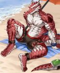  &lt;3 4_toes abs anthro athletic beach beach_towel biceps blue_eyes bottomwear bracelet chung0_0 claws clothing dragon feet hi_res horn jewelry legwear lizard long_tail looking_aside male markings multicolored_body muscular muscular_anthro muscular_male outside pecs plated_scales red_body red_scales reptile sand scales scalie seaside serratus sharp_claws shorts sitting solo tail toes towel umbrella water white_body white_scales wristband 