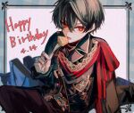  1boy black_hair black_jacket blue_border border cake cake_slice dated food fork happy_birthday highres holding holding_fork jacket jewelry looking_at_viewer mahoutsukai_no_yakusoku male_focus open_mouth pants red_eyes red_pants red_scarf ring scarf shindoi_(yuiyui316) shino_sherwood short_hair solo white_background 