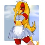  anthro avian beak bird black_eyeliner blush chrysolophus clothed clothing collar crossdressing embarrassed feathers frilly frilly_clothing galliform glori_gamebird golden_pheasant hair hi_res legwear long_hair long_tail maid_uniform phasianid red_body red_feathers stockings tail uniform wyq yellow_beak yellow_body yellow_feathers 