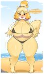  &lt;3 animal_crossing anthro beach big_breasts bikini blush breasts canid canine canis clothing domestic_dog english_text female hi_res huge_breasts huge_thighs isabelle_(animal_crossing) looking_at_viewer mammal nintendo open_mouth question_mark seaside shih_tzu solo speech_bubble startop swimwear text thick_thighs thigh_gap toy_dog wide_hips 