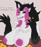  absurd_res anthro areola bat big_areola big_breasts big_nipples black_arms black_sclera breasts drazilby_(zortrex) english_text fair_argument_(meme) fangs female hi_res mammal mature_female multicolored_body nipples pink_nipples presenting presenting_breasts sagging_breasts solo teeth text two_tone_body white_body yellow_eyes zortrex 