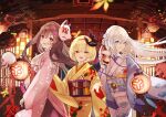  3girls aiha-deko aitsuki_nakuru autumn_leaves blonde_hair blue_eyes blue_kimono brown_hair closed_mouth facing_viewer festival fox_mask hair_ornament holding holding_lantern indie_virtual_youtuber japanese_clothes kimono la_priere lantern long_hair mask multiple_girls natsume_itsuki_(voice_actor) nayuta_(voice_actor) open_mouth outstretched_hand paper_lantern pink_eyes pink_kimono pinwheel reaching short_hair shrine skeleton smile white_hair yellow_eyes yellow_kimono 