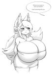  accessory alternate_version_at_source animal_humanoid big_breasts big_butt bow_ribbon breasts butt cakecatboy canid canid_humanoid canine canine_humanoid cinnamon_(cakecatboy) cleavage clothed clothing dialogue female fox_humanoid hair_accessory hair_bow hair_ribbon hi_res huge_breasts huge_thighs humanoid hyper hyper_breasts mammal mammal_humanoid monochrome offscreen_character ribbons simple_background smile solo speech_bubble standing text thick_thighs 