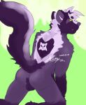  absurd_res anthro balls big_tail butt genitals grumpy hi_res icerary kaiju_paradise male mammal mephitid roblox simple_background skunk solo spunky_(kaiju_paradise) tail 