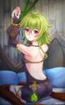  absurdres back bed betonamou collei_(genshin_impact) genshin_impact green_hair highres purple_eyes restrained 