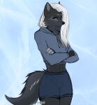  2022 anthro black_nose bottomwear breasts canid canine canis cheek_tuft claws clothing crossed_arms eyebrows facial_markings facial_tuft female fluffy fluffy_tail fox hair head_markings hi_res koiren long_hair looking_at_viewer mammal markings shiroichi_air_(character) shorts simple_background solo standing tail topwear tuft watermark white_hair wolf yellow_eyes 