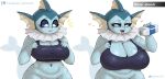  2023 anthro artist_name black_nose blue_body blush bottomless breast_expansion breasts clothed clothing digital_media_(artwork) eeveelution english_text expansion eyebrows eyelashes fangs female fingers gammainks generation_1_pokemon hi_res holding_object looking_at_viewer navel nintendo nipple_outline pokemon pokemon_(species) pouring teeth text tongue tongue_out vaporeon water 