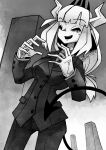  1girl absurdres blunt_bangs breasts business_suit closed_eyes commission demon_girl demon_horns demon_tail gloves greyscale hai_das helltaker highres horns lucifer_(helltaker) mole mole_under_eye monochrome necktie open_mouth smile solo suit tail 