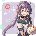  1girl akebono_(kancolle) bell black_choker black_gloves blue_sailor_collar blue_skirt cake choker dated flower food gloves hair_bell hair_flower hair_ornament happy_birthday jingle_bell kantai_collection long_hair one-hour_drawing_challenge purple_background purple_eyes purple_hair sailor_collar sailor_shirt school_uniform serafuku shirt side_ponytail skirt solo twitter_username upper_body v very_long_hair white_shirt wss_(nicoseiga19993411) 