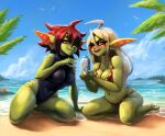  beach big_breasts bikini breasts cleavage clothed clothing duo female goblin green_body green_skin grin hair humanoid humanoid_pointy_ears kneeling looking_at_viewer not_furry one-piece_swimsuit open_mouth open_smile red_hair seaside smile snaggle_tooth swimwear twistingtoxic white_hair 