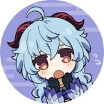  1girl ahoge black_gloves blue_hair blush ganyu_(genshin_impact) genshin_impact gloves goat_horns horns long_hair long_sleeves lowres marimo_jh open_mouth pink_eyes profile_picture round_image sidelocks solo very_long_hair white_sleeves 