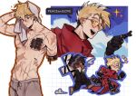  2boys abs black_gloves black_hair black_straps blonde_hair blue_eyes blush boxer_briefs cigarette coat cross dekazeze english_text gloves heart heart-shaped_eyewear highres holding holding_towel male_focus male_underwear mole mole_under_eye multiple_boys multiple_views navel nicholas_d._wolfwood one_eye_closed pectorals red_coat round_eyewear running scar scar_on_arm scar_on_chest scar_on_stomach short_hair simple_background smile smoke smoking sparkle speech_bubble sunglasses toned toned_male topless_male towel trigun trigun_stampede underwear vash_the_stampede white_background 