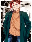  1boy absurdres aged_up bespectacled cherry_earrings coat denim diamond_wa_kudakenai earrings food-themed_earrings gakuran glasses green_coat hands_in_pocket highres jeans jewelry jojo_no_kimyou_na_bouken kakyoin_noriaki long_coat male_focus mikan03260 pants red_hair ribbed_sweater round_eyewear school_uniform solo sweater turtleneck 