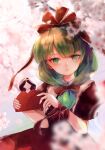  1girl blunt_bangs bow dress flower front_ponytail green_eyes hina_ningyou kagiyama_hina looking_at_viewer outdoors puffy_short_sleeves puffy_sleeves red_bow red_dress red_ribbon ribbon short_sleeves sidaren solo touhou 