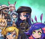  2boys 5girls :o alternate_costume beard black_hair black_headwear blue_eyes caitlyn_(league_of_legends) character_request colored_sclera colored_skin copyright_request ezreal facial_hair facial_tattoo flower goggles goggles_on_head green_background green_sclera green_skin hair_flower hair_ornament hat kemono_friends league_of_legends long_hair looking_at_another looking_at_viewer multiple_boys multiple_girls neeko_(league_of_legends) open_mouth phantom_ix_row pink_flower portrait purple_hair smile tattoo udyr yellow_eyes 