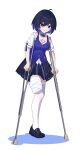  1girl absurdres ahoge amputee bandages black_footwear black_skirt blue_eyes blue_hair blue_vest bob_cut breasts cleavage crutch crying crying_with_eyes_open full_body highres honkai_(series) honkai_impact_3rd neprbq open_mouth seele_vollerei seele_vollerei_(swallowtail_phantasm) shadow shirt short_hair short_sleeves simple_background single_thighhigh skirt solo standing standing_on_one_leg tattoo tears thighhighs toes vest white_background white_shirt white_thighhighs 