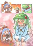  &gt;o&lt; 2girls absurdres blue_dress blush camera cosplay costume_switch cowboy_shot dress front_ponytail green_headwear highres holding holding_camera kagiyama_hina long_hair multiple_girls qudtjr4682 shy smile touhou 