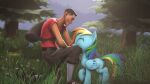  16:9 2014 3d_(artwork) bag biped black_clothing black_hair blonde_hair blue_body blue_ears blue_fur blue_hair blue_tail blue_wings bottomwear brown_clothing clothed clothing crouching cutie_mark digital_media_(artwork) duo equid equine eyelashes eyes_closed female feral ferexes footwear forest friendship_is_magic fur grass green_hair green_tail hair happy hasbro hi_res highlights_(coloring) hooves horse human legwear looking_at_another male mammal markings multicolored_hair multicolored_tail my_little_pony orange_hair orange_tail pegasus plant purple_hair purple_tail quadruped rainbow_dash_(mlp) rainbow_hair rainbow_tail red_clothing red_hair red_tail scout_(team_fortress_2) smile smiling_at_each_other tail tail_markings tan_body tan_skin team_fortress_2 topwear tree valve white_clothing widescreen wings yellow_tail 