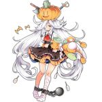  1girl ascot axe ball_and_chain_restraint bandage_on_leg bandage_over_one_eye bandaged_leg bandages bat_(animal) black_skirt blue_skirt bolt candy food full_body girls&#039;_frontline gun gun_to_head hair_tubes halloween halloween_costume handgun hat hippos holding holding_gun holding_stuffed_toy holding_weapon layered_skirt lollipop long_hair long_sleeves looking_at_viewer makarov_(girls&#039;_frontline) makarov_(pumpkin_mishka)_(girls&#039;_frontline) makarov_pm multicolored_clothes multicolored_skirt object_through_head official_alternate_costume official_art orange_skirt pumpkin red_ascot red_eyes shirt simple_background skirt smile solo standing stuffed_animal stuffed_toy sword_in_head tombstone transparent_background very_long_hair weapon white_hair white_shirt 